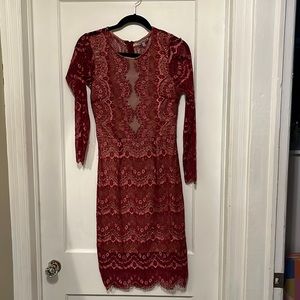 Burgundy lace dress with mesh plunging neck